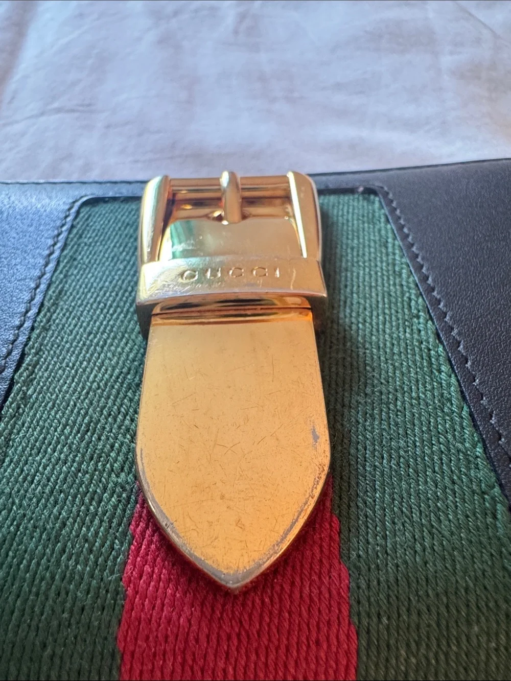 Gucci Black Leather Zip Wallet with Green and Red Web Stripe and Gold Buckle